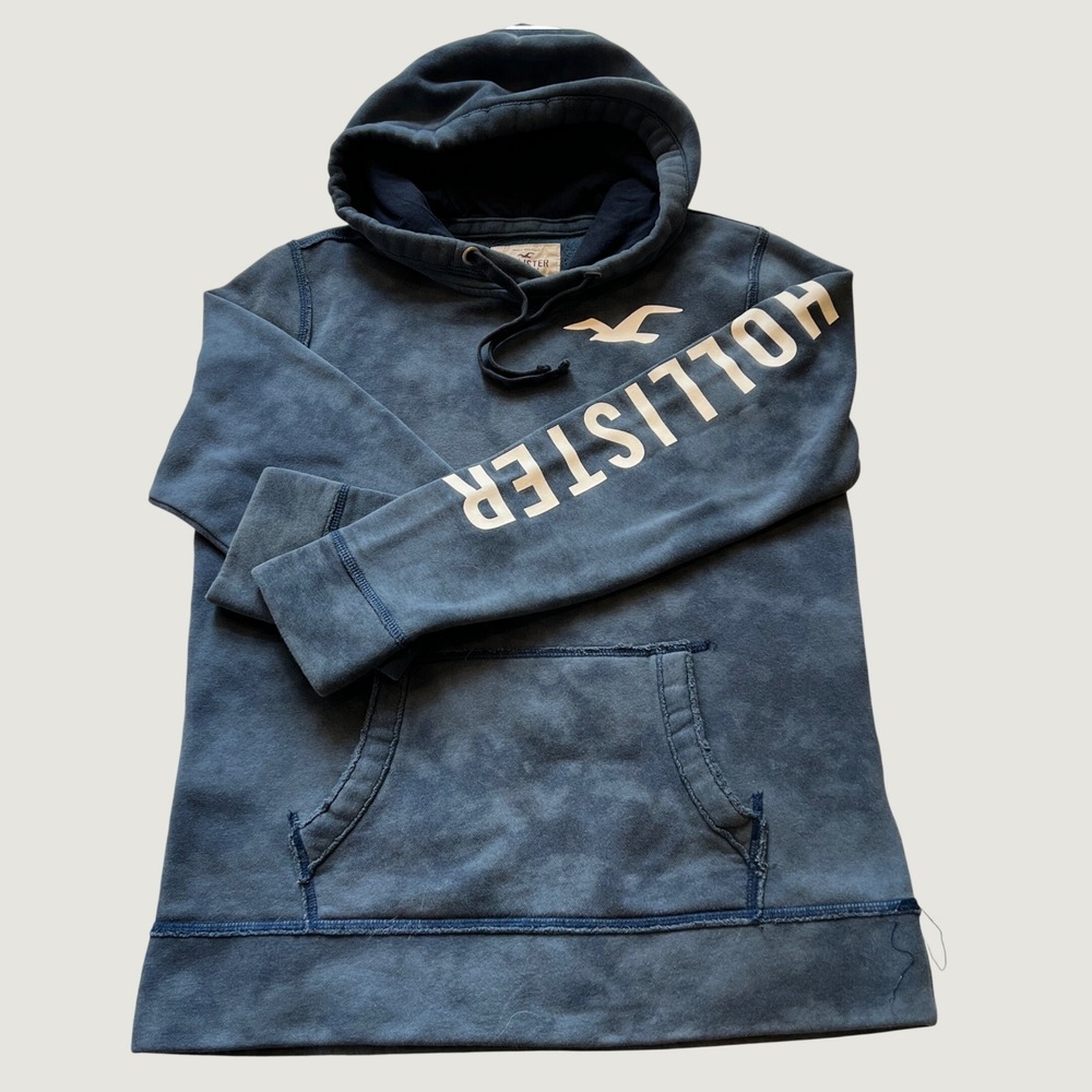 Hollister Blue Acid Wash Fleece Hoodie Small Seagull Logo Graphic Pullover Read